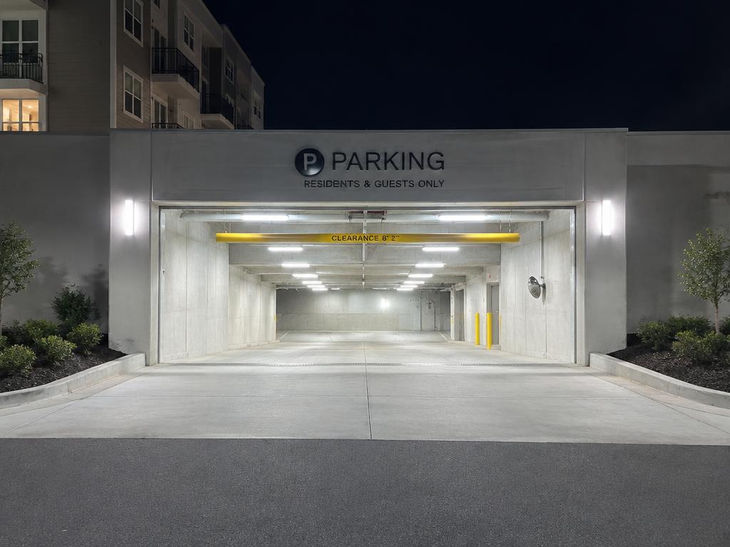 The same HOA parking garage entrance brightly lit with white LED fixtures