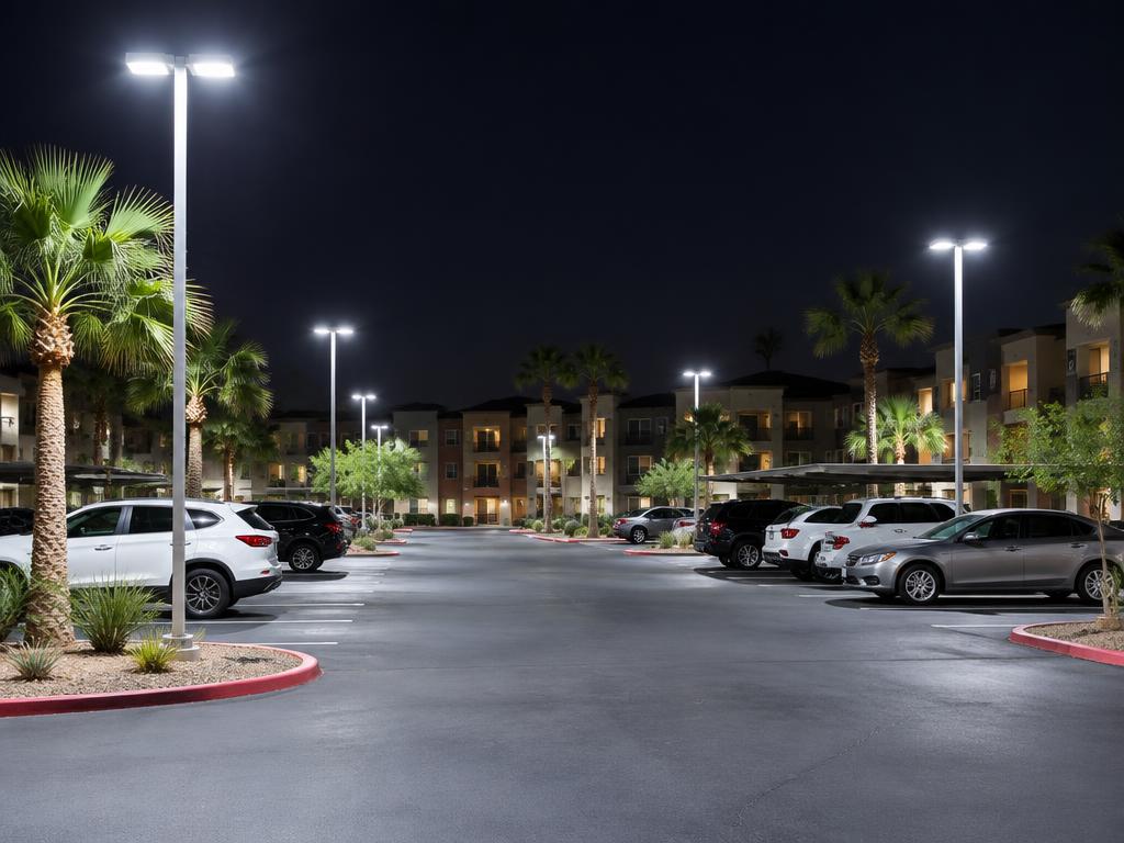 Bright, even LED parking lot lights on poles in the same Las Vegas community lot at night