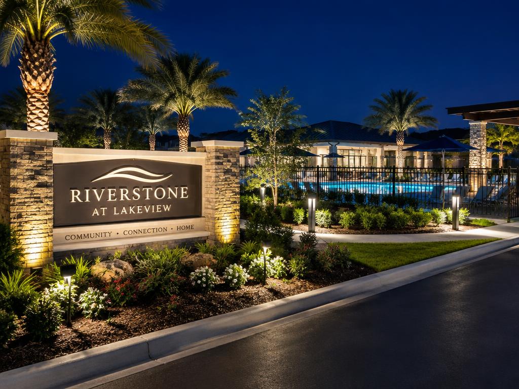 Lit HOA community entrance monument sign with pool area behind