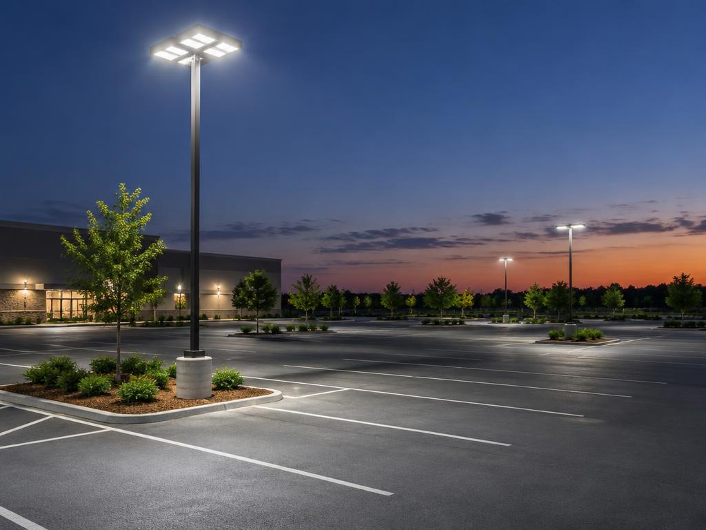 Shoebox parking lot light fixture glowing over asphalt at dusk