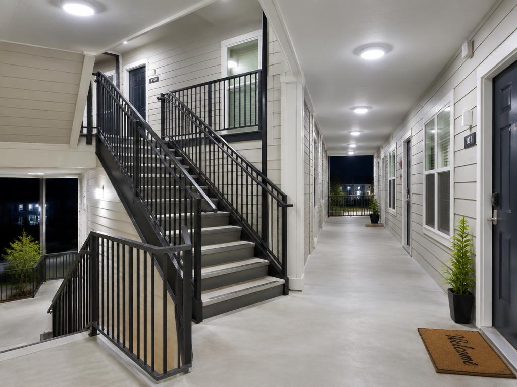 Brightly lit apartment stairwell and breezeway corridor at night