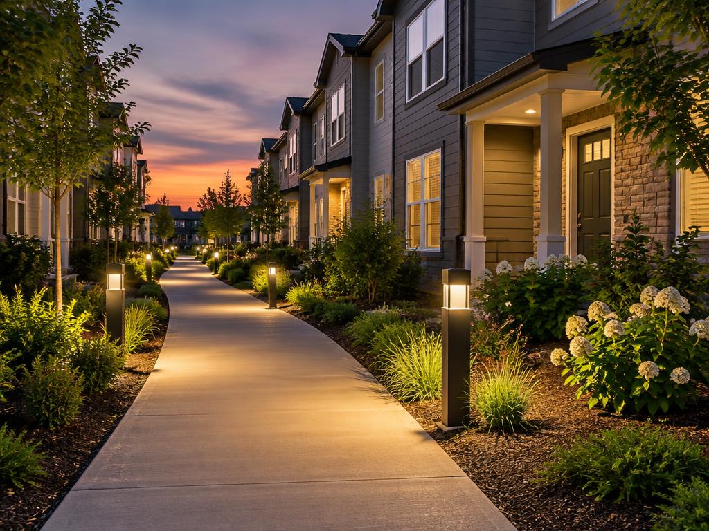 LED-lit walkway between townhomes at dusk