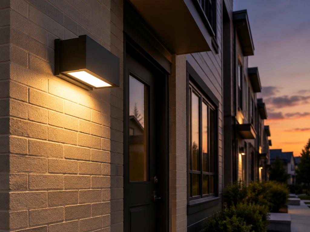 Modern LED wall pack glowing on a townhome facade at dusk